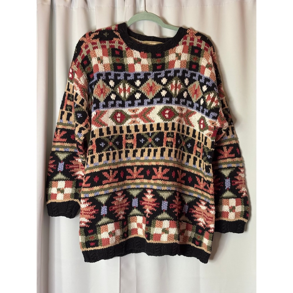 Vintage Hunters Run Geometric Fair Isle Sweater Womens Large Ramie Cotton Chunky